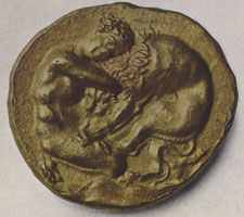 Hreakles wrestling with lion. Syracuse coin <I>Obv.</I> c.390-380 BC, gold. Berlin.