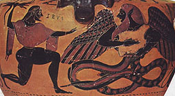 Zeus and Typhon. Detail from Chalcidian black-figure hydria c. 540-530 BC. Munich, Antikensammlungen 596