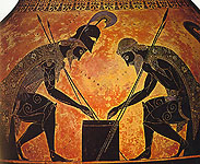 Achilles and Ajax. Detail from an Athenian black-figure clay vase, about 575-525 BC. Rome, Museo Gregoriano Etrusco Vaticano 16757