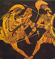 Theseus carrying off Antiope with Peirithoos. Detail from an Athenian red-figure clay vase, about 490 BC. Paris, Musée du Louvre G197.