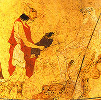 Hermes delivers the infant Dionysos. Detail from an Athenian white-ground clay vase, about 440 BC. Rome, Musei Vaticani 16586.