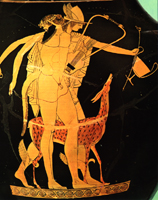Hermes and satyr. Detail from Athenian red-figure clay vase, about 525-475 BC. Berlin. Antikensammlung F2160