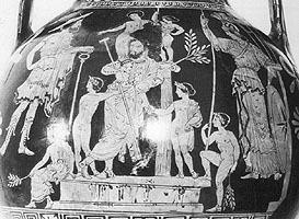 Iolaos protects children of Herakles. Detail from  South Italian clay vase c.4th c. Policoro. Museo Nazionale della Siritide. Photo. DAI Rom 68.1726