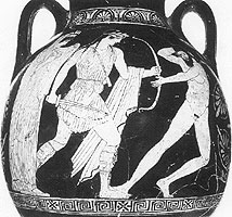 Fight between Apollo and Tityos. Detail from Athenian red-figure clay vase, about 475-425 BC. Paris. Musée du Louvre G375.