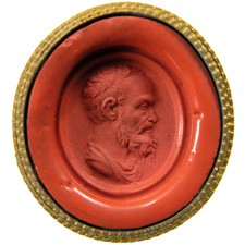 Red glass. Bust of man